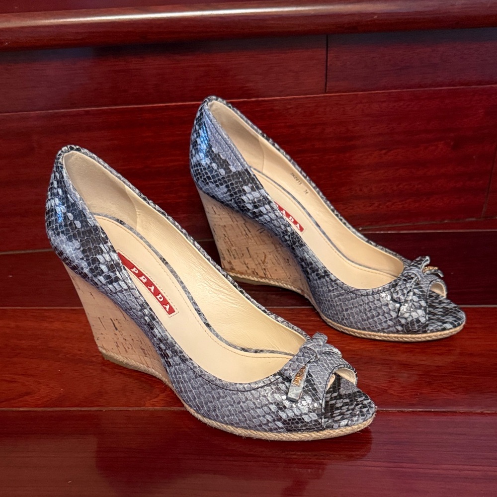 Prada Women's Black Snakeskin Peep-Toe Heels - Picture 2 of 4